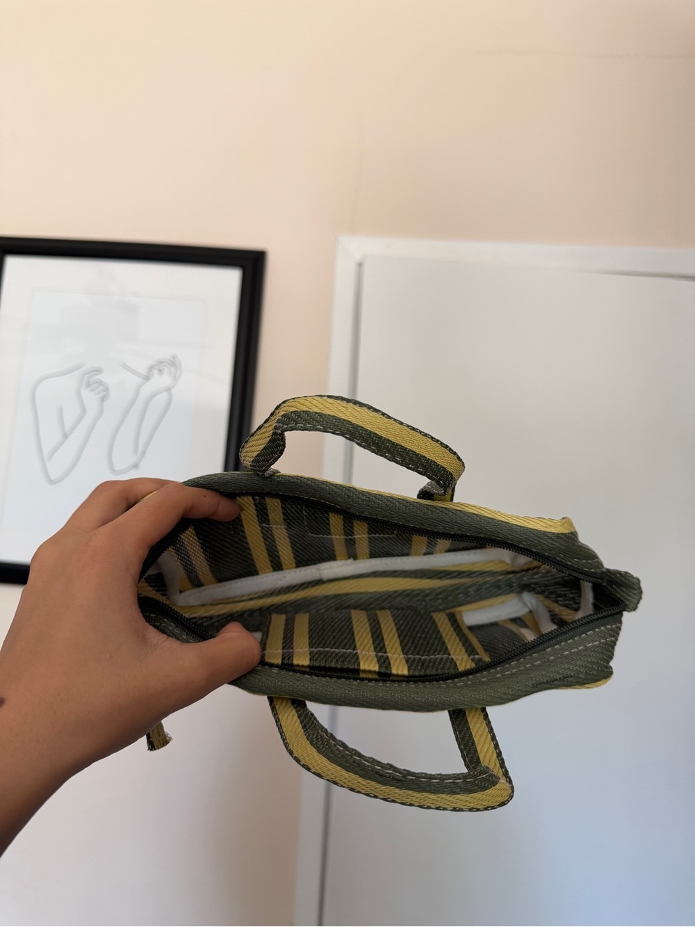 Monty Striped Mini Carry Bag in Olive & Yellow - Picture 3 of 3